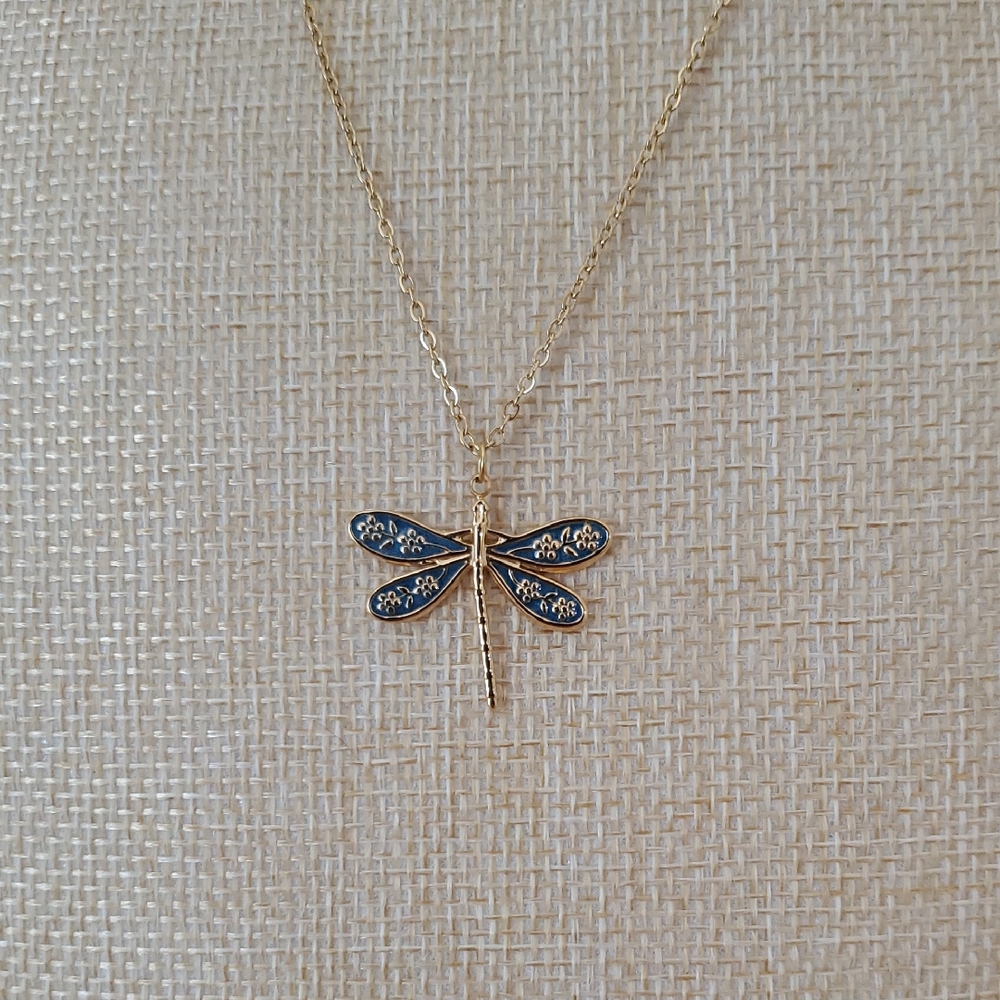 Gold-tone and Blue Dragonfly Necklace